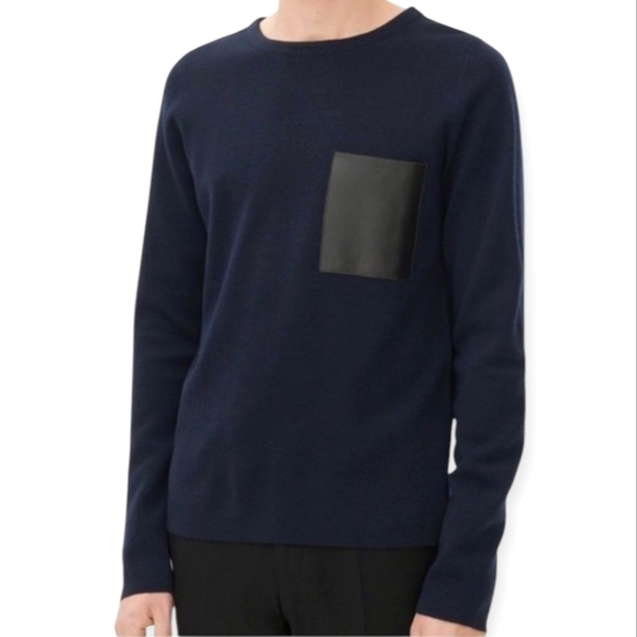 Sandro Men's Merino Wool Navy Sweater With Lamb Leather Pocket Small - Picture 1 of 15